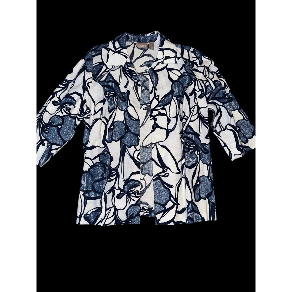 Chico's Large Floral Tropical Linen Blend‎ Open Front Jacket Blazer Cover Up